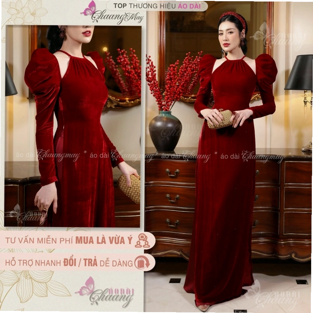 Áo dài nhung cổ yếm dáng suông nhẹ