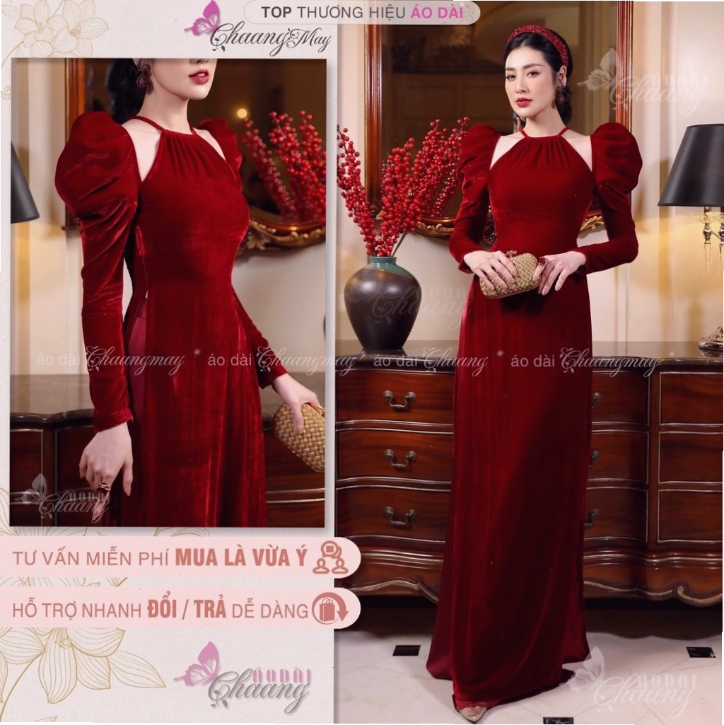 Áo dài nhung cổ yếm màu đen sang trọng