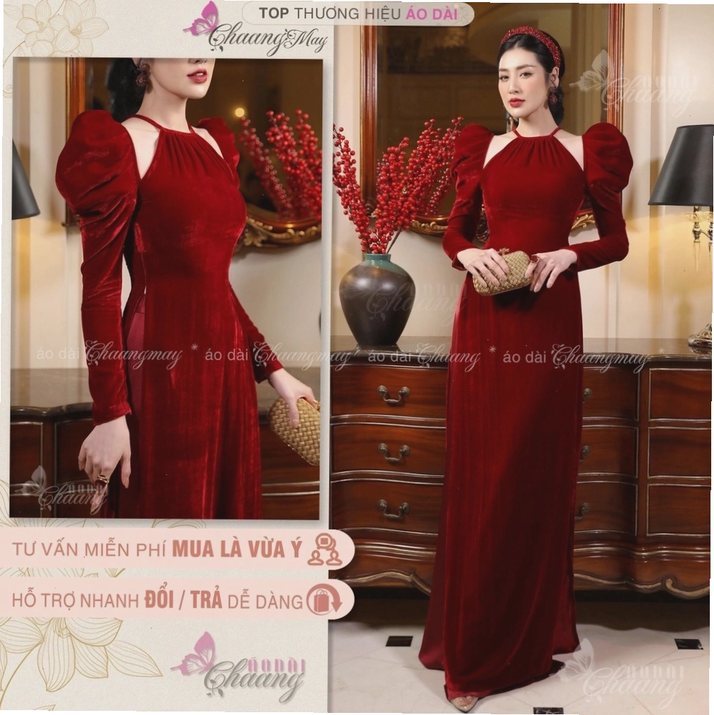 Áo dài nhung cổ yếm tay bồng phối cùng chân váy