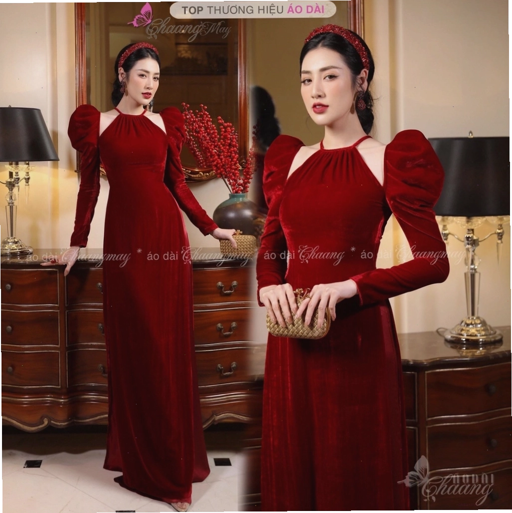 Áo dài nhung cổ yếm tay lỡ
