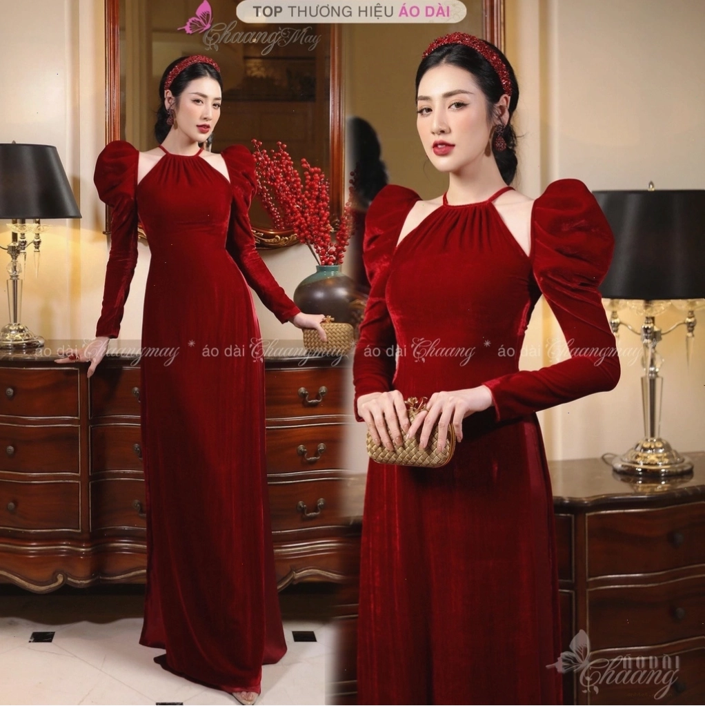 Áo dài nhung cổ yếm tay lỡ phối cùng quần lụa