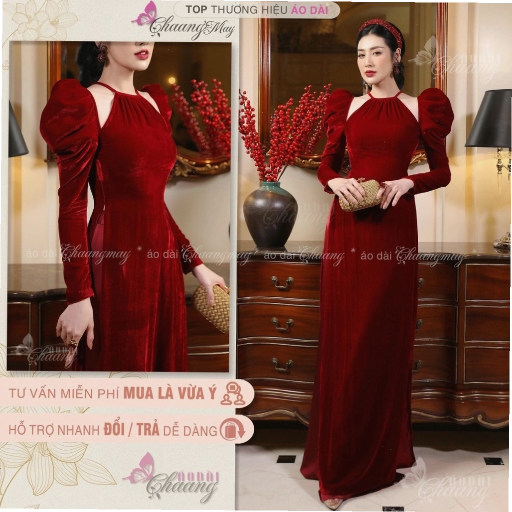 Áo dài nhung cổ yếm xẻ vai màu xanh rêu