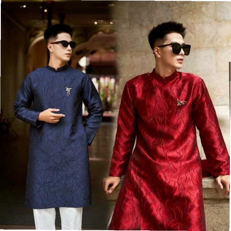 Áo dài tết nam 2026 dáng suông, cổ tròn, tay ngắn, chất liệu linen màu nâu trầm