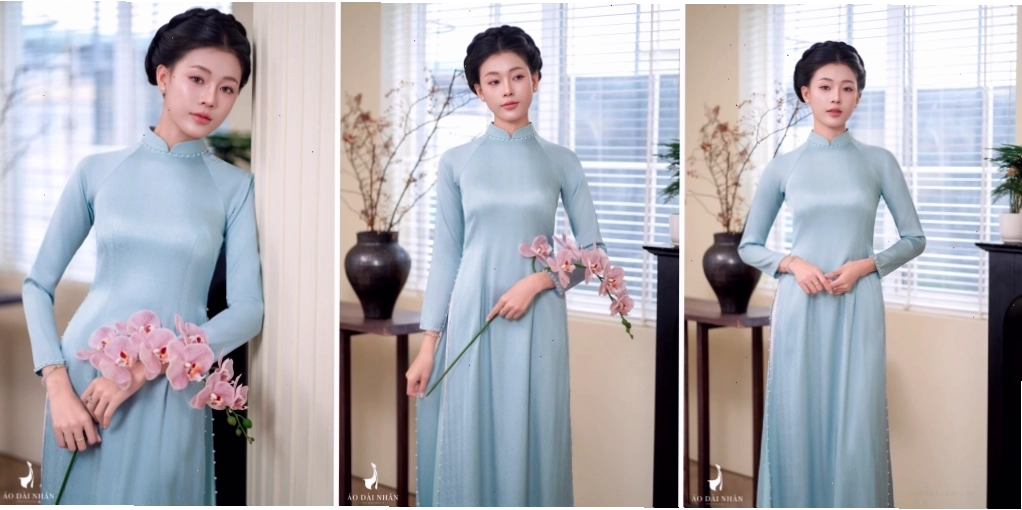 Áo dài tơ xanh ngọc đính ngọc trai thanh tao