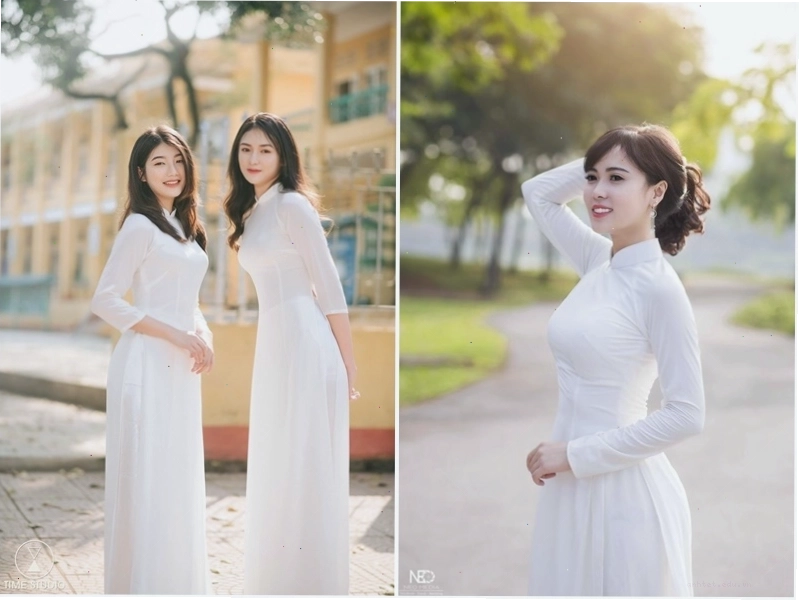 Áo dài trắng học sinh phối cùng quần culottes và túi xách nhỏ xinh