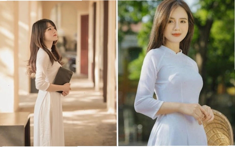 Áo dài trắng với tay áo lỡ và cổ tròn đơn giản