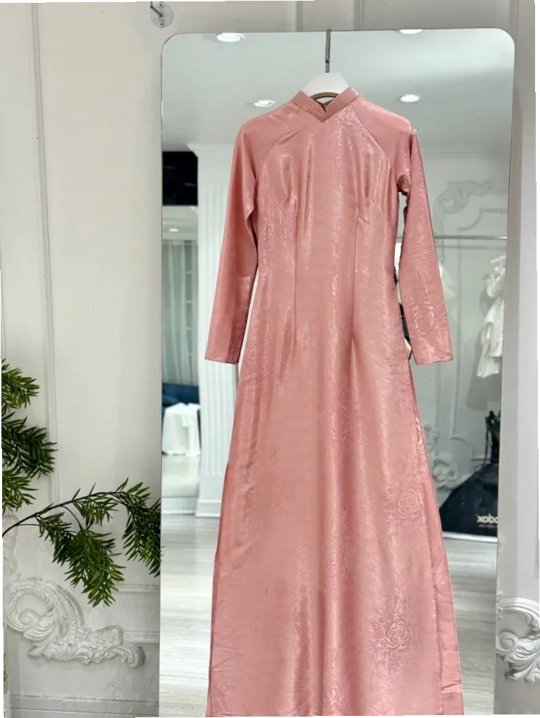 Áo Dài Truyền Thống Lụa Hồng Vân Màu Hồng Vỏ Đỗ, cổ tròn, tay dài