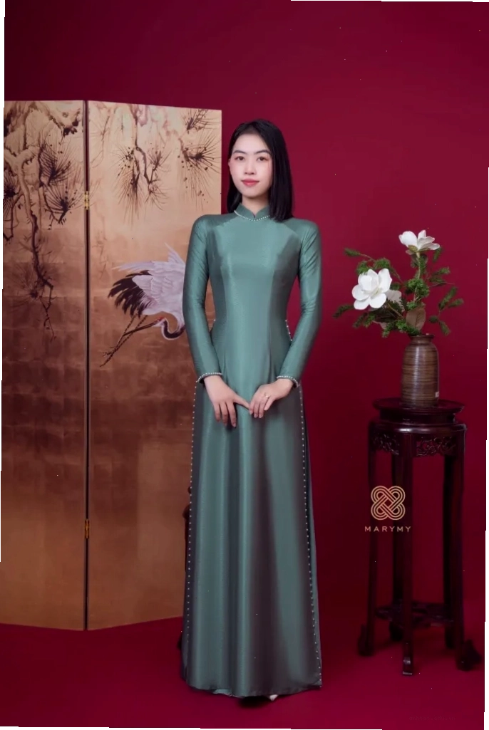 Áo Dài Truyền Thống Lụa Vân Gỗ Màu Xanh Lý, cổ tròn, tay lỡ