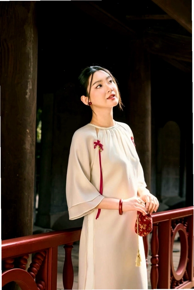 Áo dài truyền thống màu hồng đào dịu dàng với tay loe