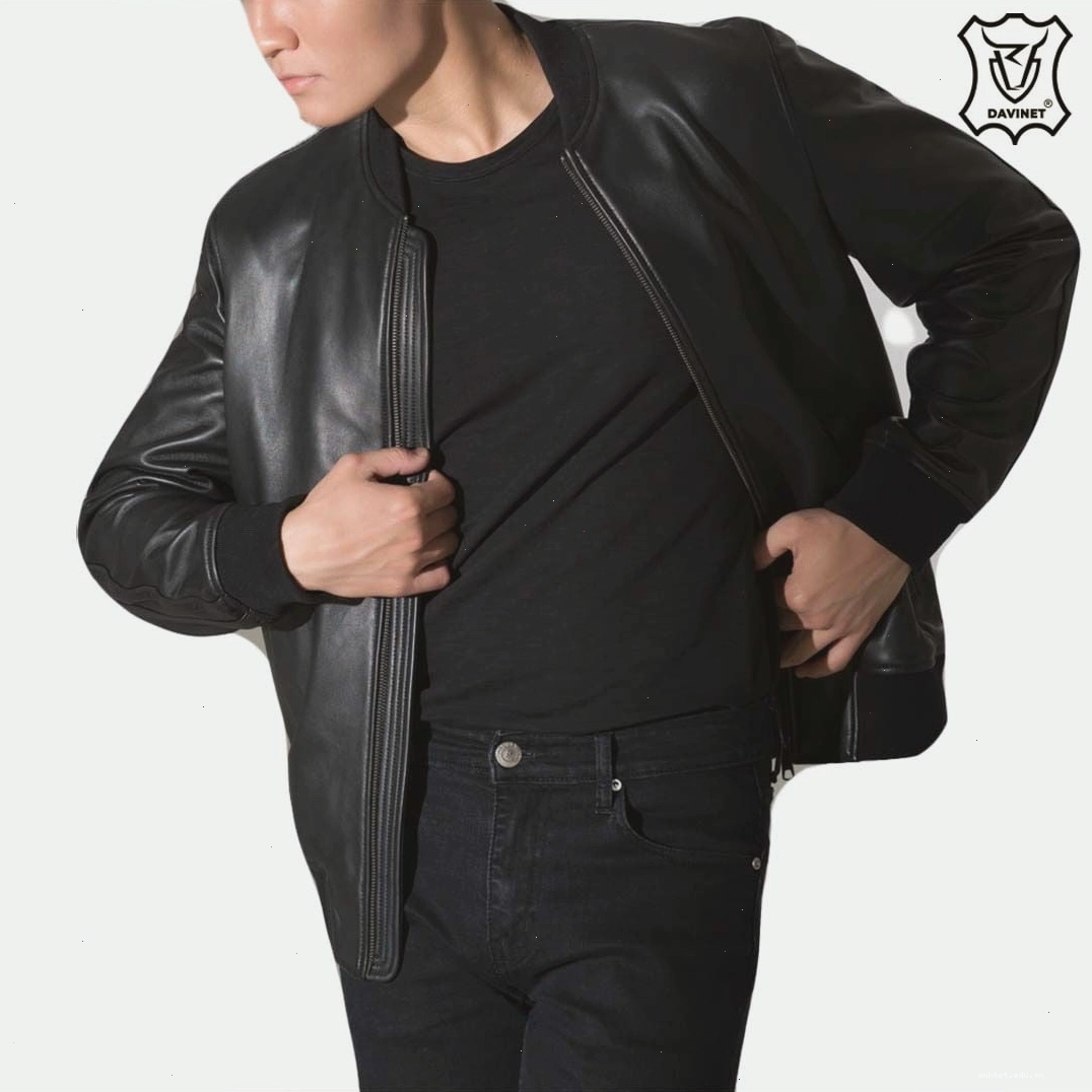 Áo khoác bomber da nam có cổ bẻ, khóa kéo chắc chắn