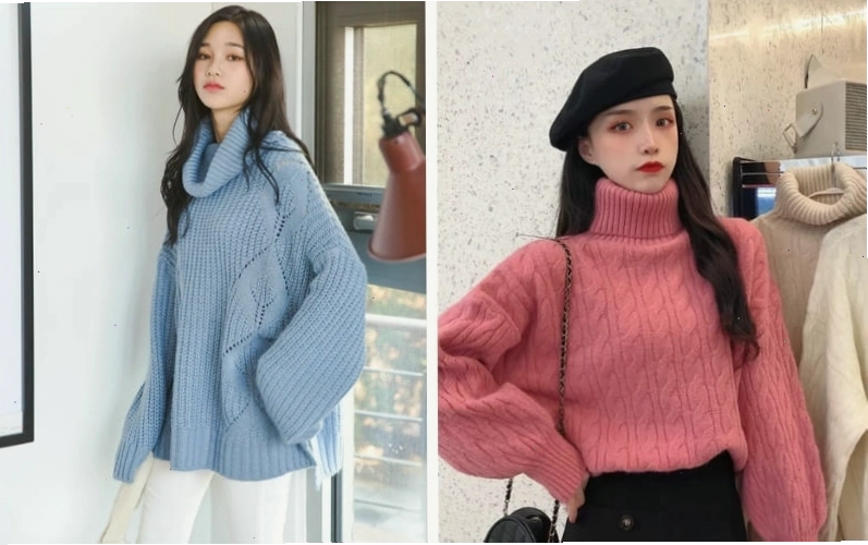 Áo len cao cổ màu be chất liệu len dày giữ ấm cơ thể hiệu quả, phối cùng chân váy dạ tweed.