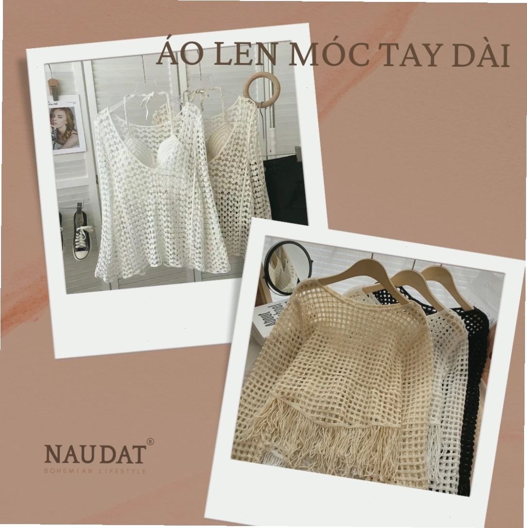 Áo len móc tay dài màu kem