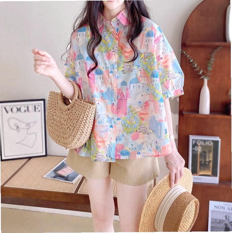 Áo sơ mi cộc tay họa tiết cổ búp bê
