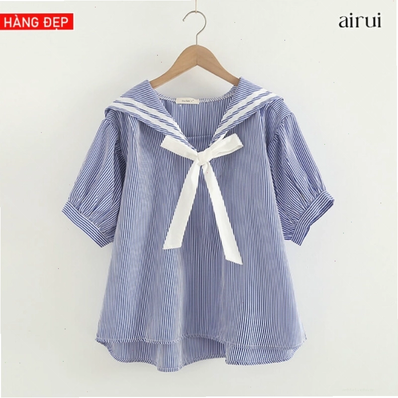 Áo sơ mi cotton cộc tay cổ chữ V đính nơ màu xanh