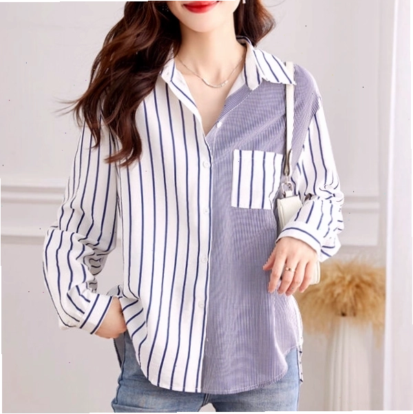 Áo sơ mi kẻ sọc dáng rộng dài tay, phong cách Hàn Quốc