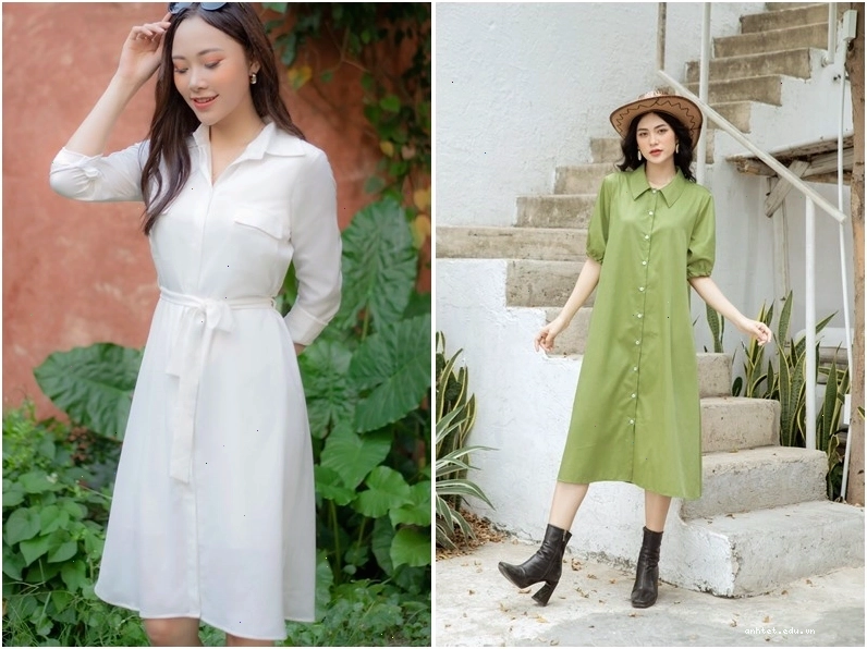 Áo sơ mi kẻ sọc phối cùng chân váy midi xếp ly