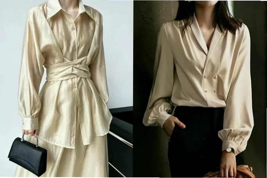 Áo sơ mi lụa nữ tay bồng màu trắng kem, cổ tròn đơn giản