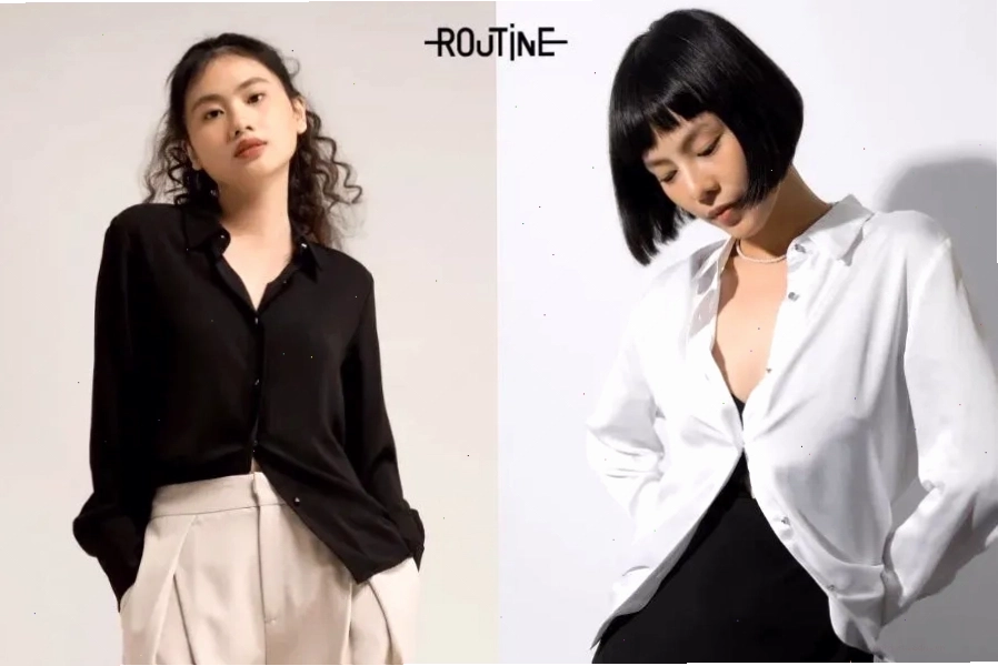 Áo sơ mi lụa nữ truyền thống màu trắng, dáng suông cơ bản