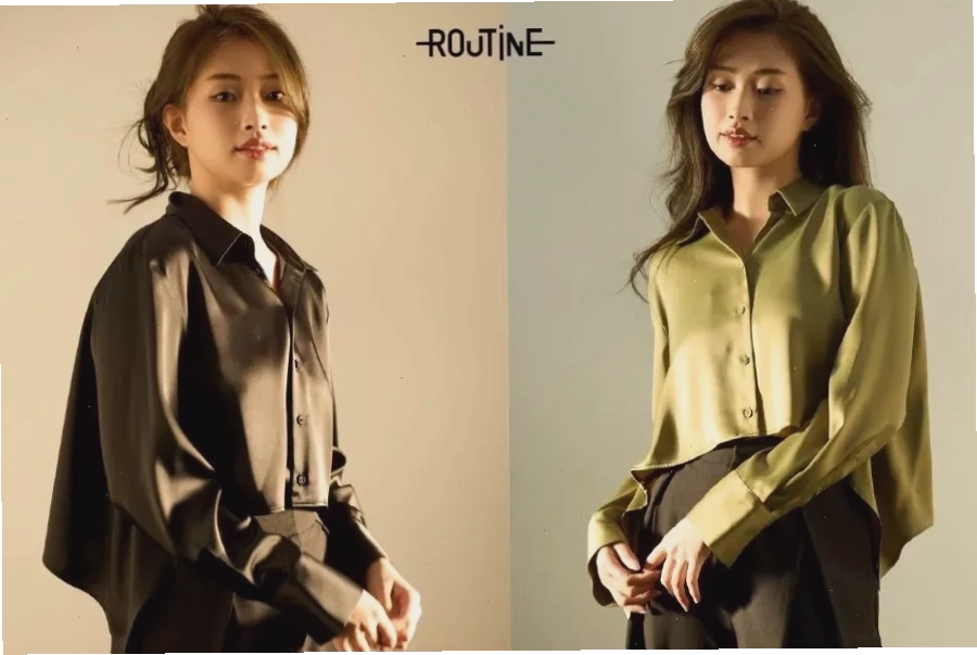 Áo sơ mi lụa satin nữ tà cách điệu màu vàng mustard