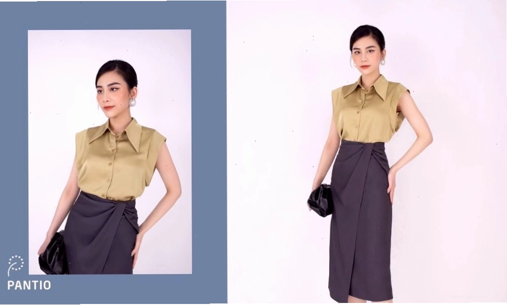 Áo sơ mi màu xanh rêu, cổ bẻ, tay dài, dáng suông