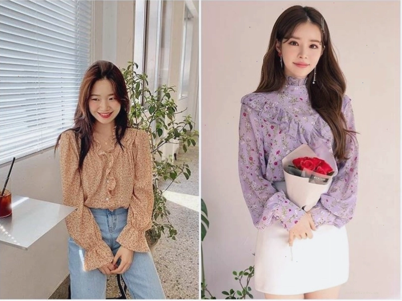Áo sơ mi nữ họa tiết hoa phối cùng quần ống rộng thanh lịch