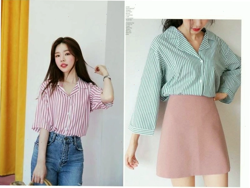 Áo sơ mi nữ sọc ngang phối cùng quần short jean năng động