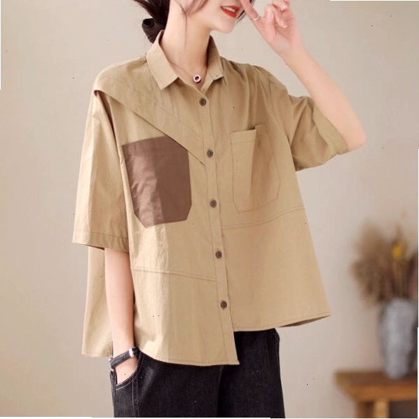 Áo sơ mi nữ thiết kế lệch chéo hai túi, tay áo 3/4