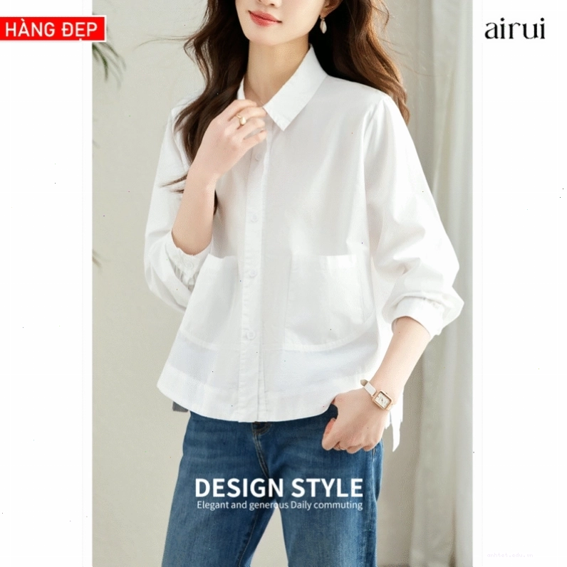 Áo sơ mi trắng dài tay Hàn Quốc trendy, cổ bẻ, dáng rộng, chất liệu cotton.