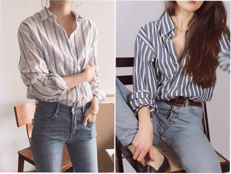 Áo sơ mi trắng sọc dọc, kiểu dáng thoải mái, dễ phối đồ