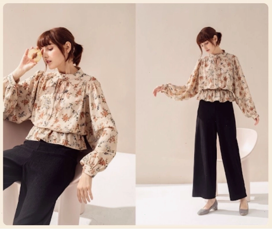 Áo sơ mi vintage nữ màu be, cổ bẻ, dáng rộng.