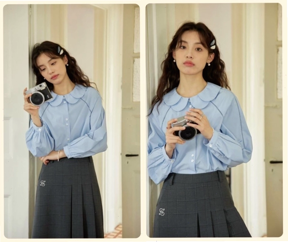 Áo sơ mi vintage nữ màu xanh navy, cổ bẻ, dáng rộng.