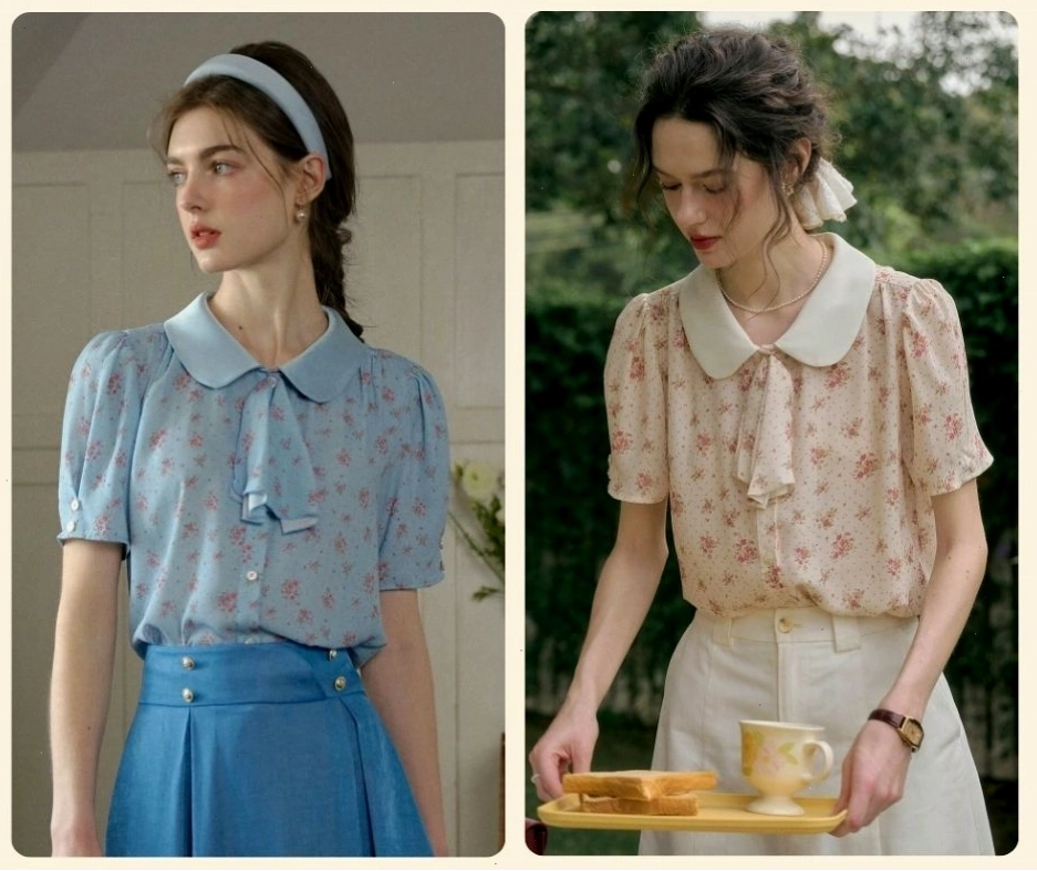 Áo sơ mi vintage nữ màu xanh pastel, cổ bẻ, dáng rộng.