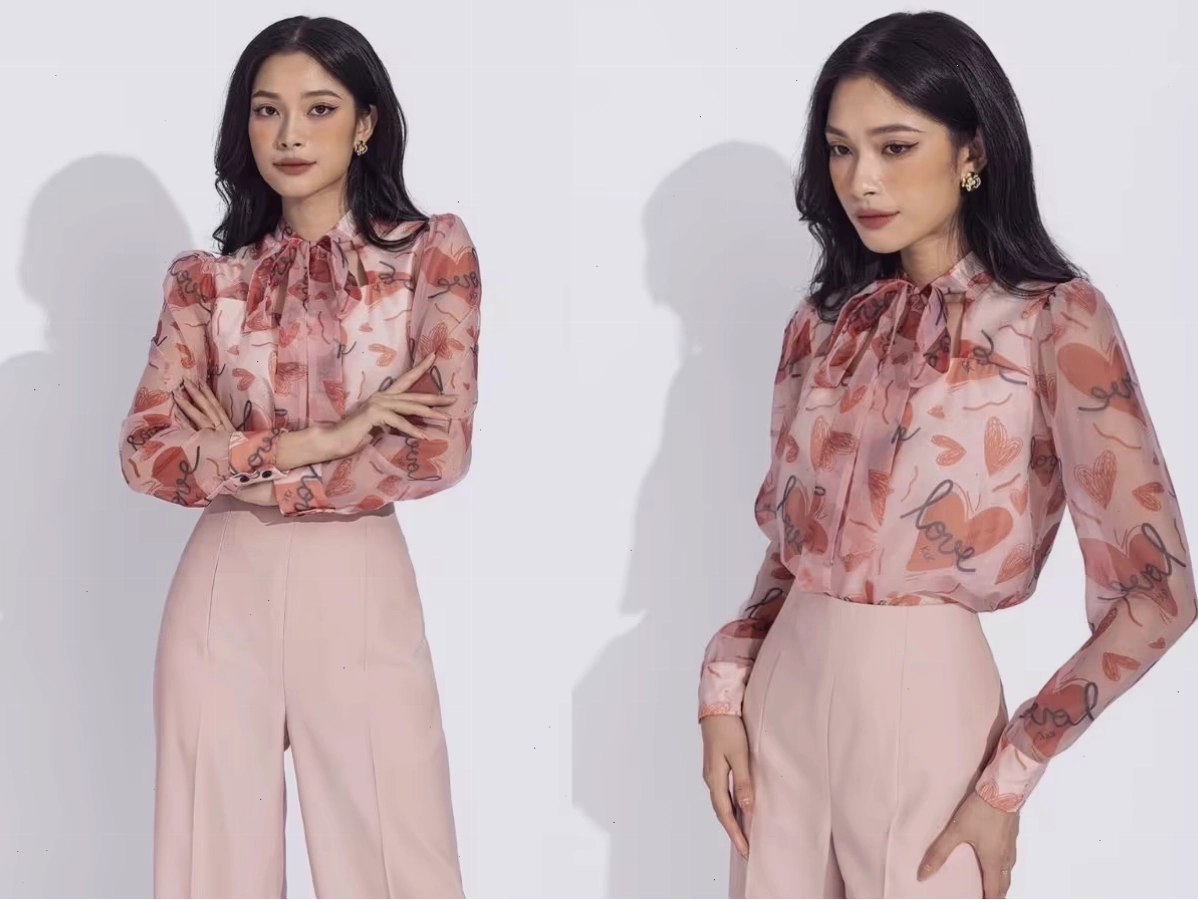 Áo sơ mi voan nữ dài tay màu xanh thanh lịch