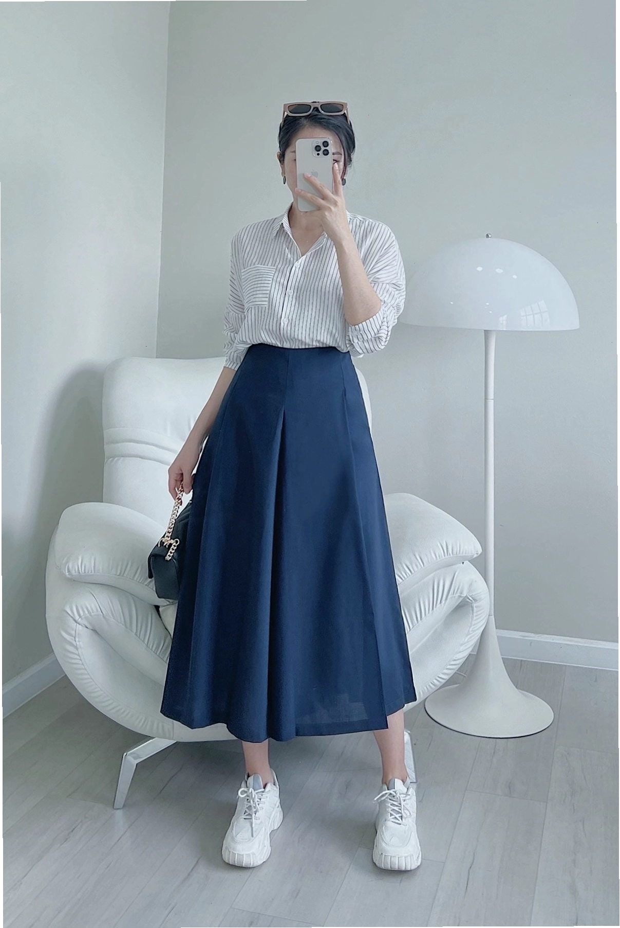 Áo sơ mi voan nữ vay chờm màu xanh