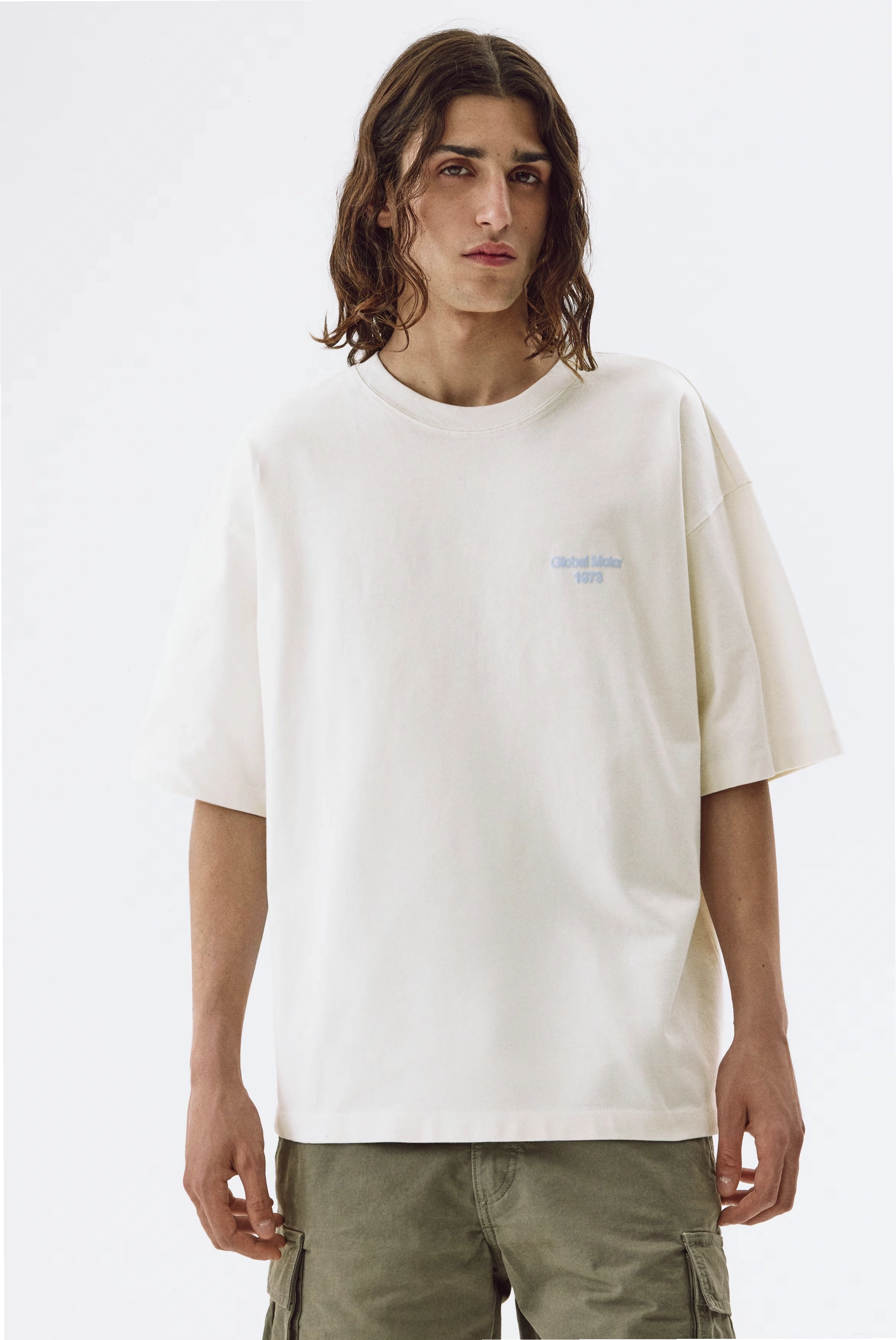 Áo thun cotton in hình Oversized Fit-Màu kem/Ô tô