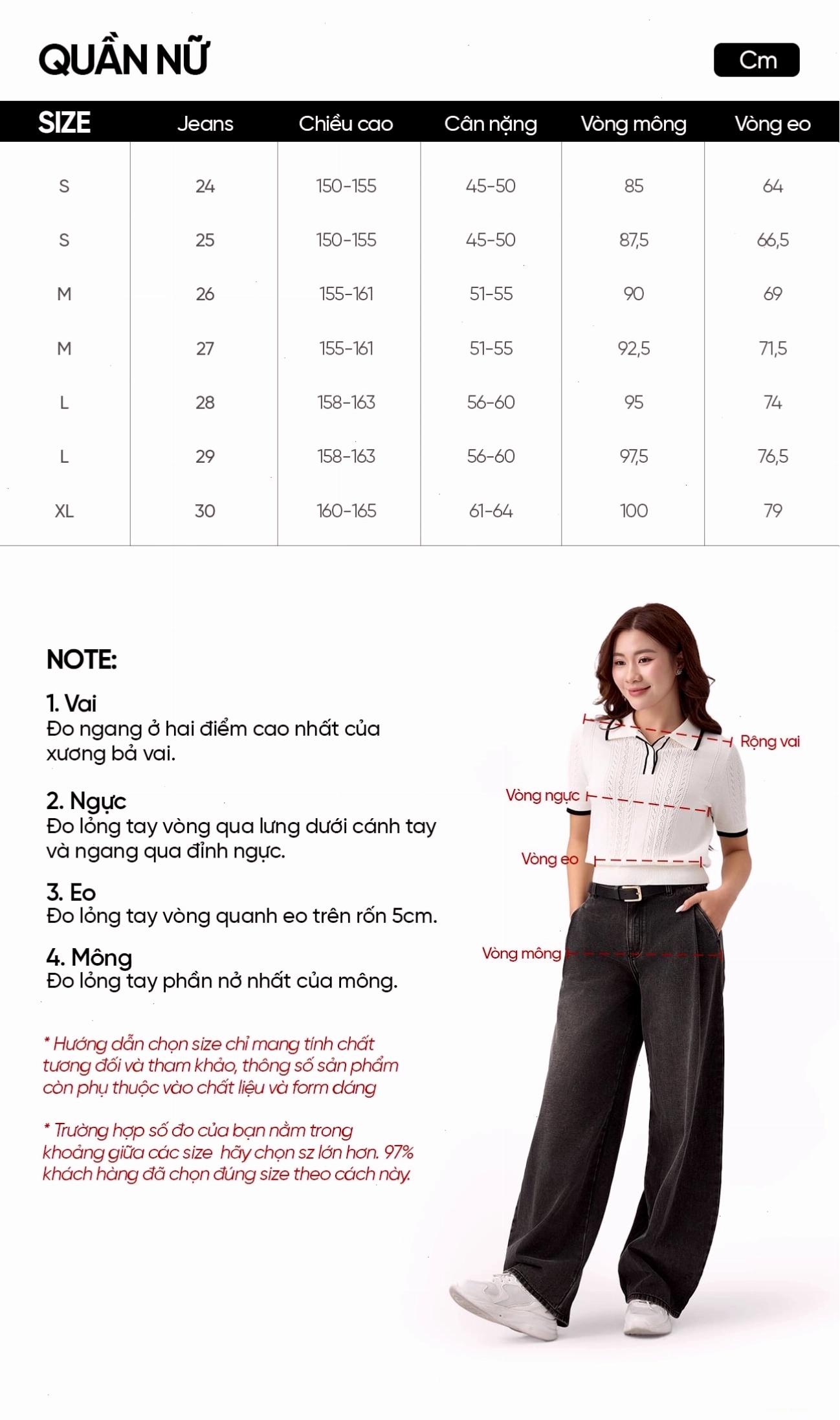Bảng size chân váy jean nữ
