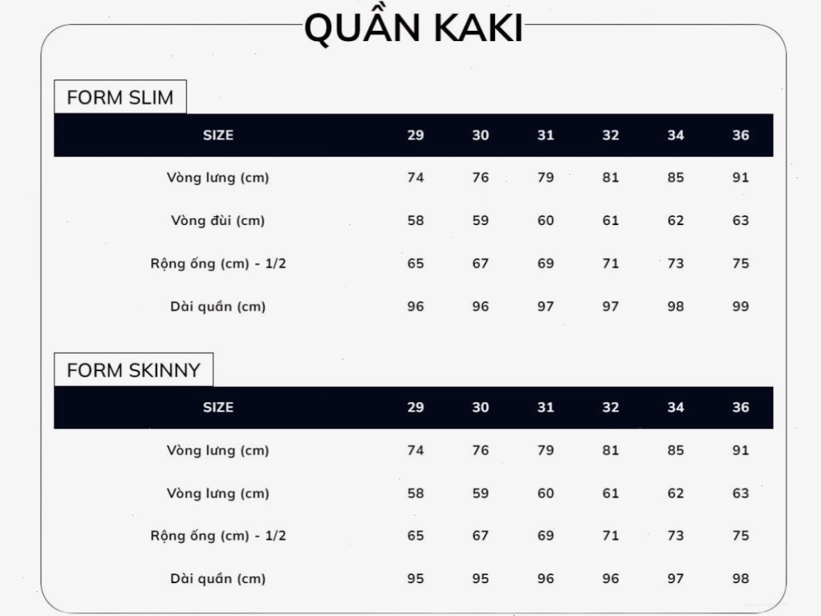 Bảng size quần kaki nam