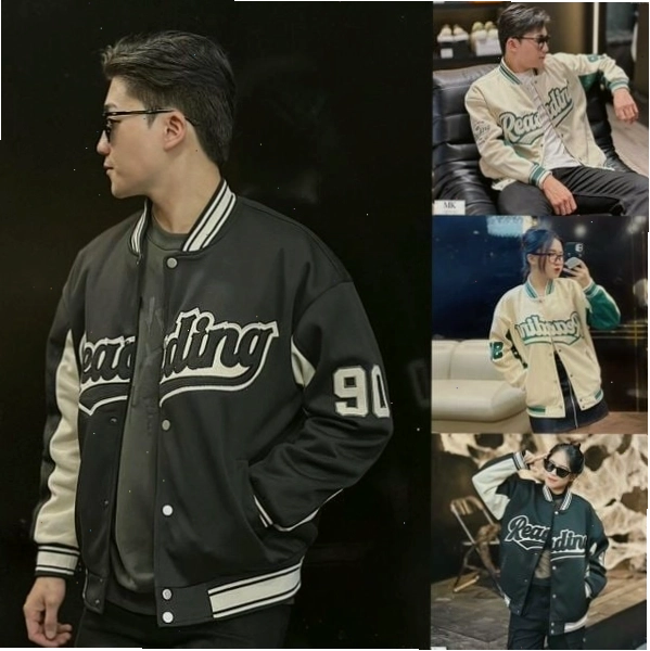 Cận cảnh áo khoác bomber nam nữ đen/be, phong cách cổ điển