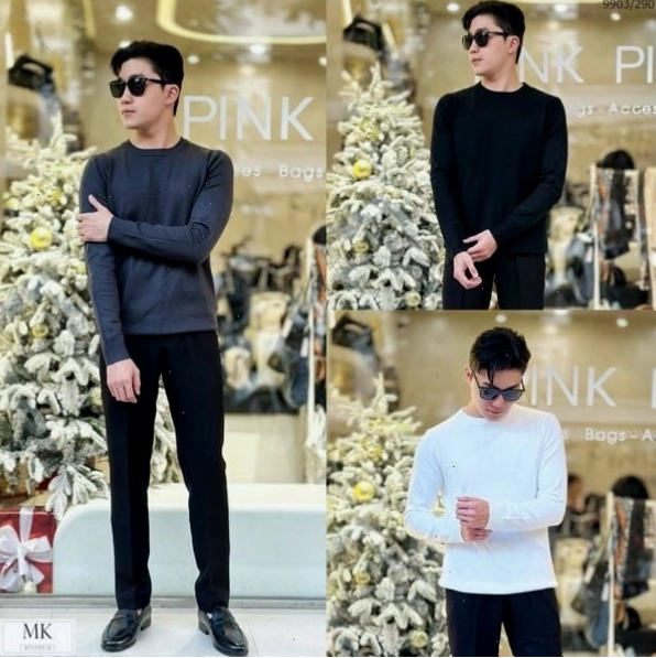 Cận cảnh áo len cổ 3 phân màu ghi đậm, phù hợp cho cả nam và nữ diện cùng nhau