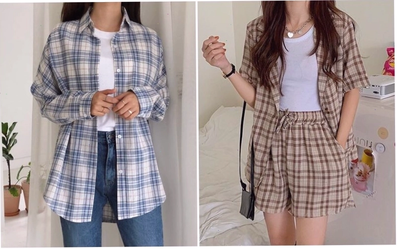 Cận cảnh chi tiết áo sơ mi caro với màu sắc vintage