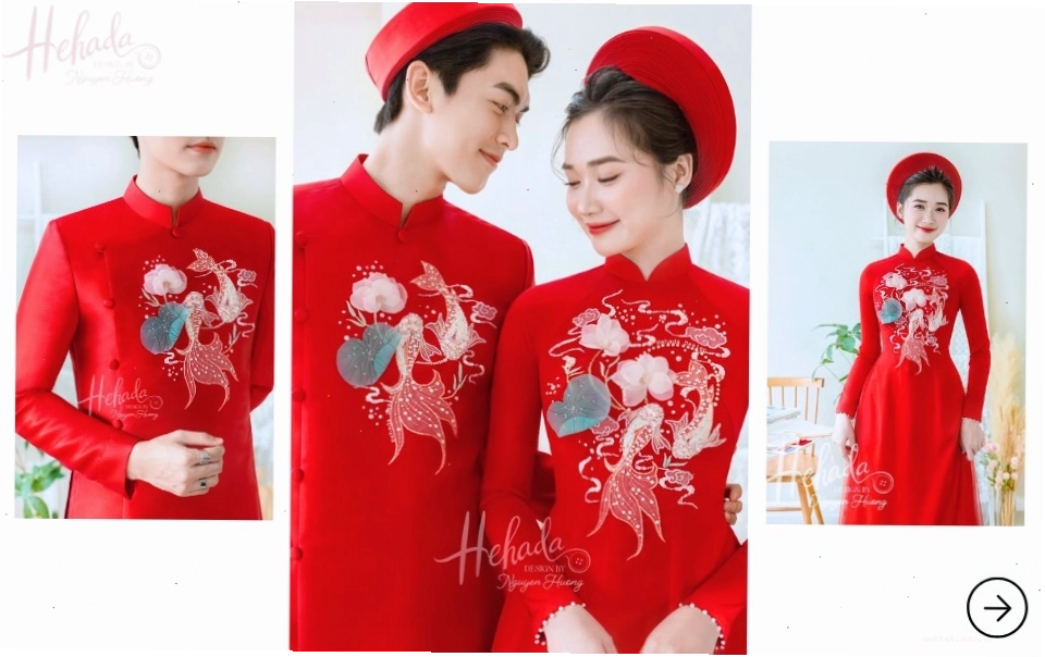 Cặp đôi cô dâu chú rể diện áo dài đôi màu đỏ thêu họa tiết Song Ngư, tạo dáng tay trong tay.