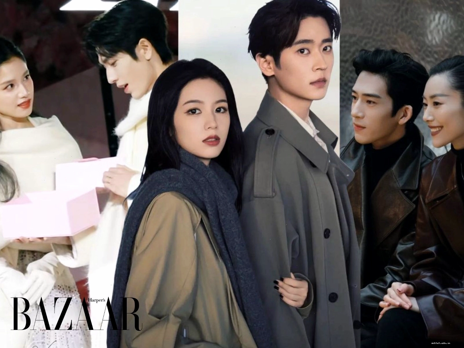 Cặp đôi diện áo len cổ lọ màu be và nâu, quần jean, tay trong tay đi dạo trên phố.