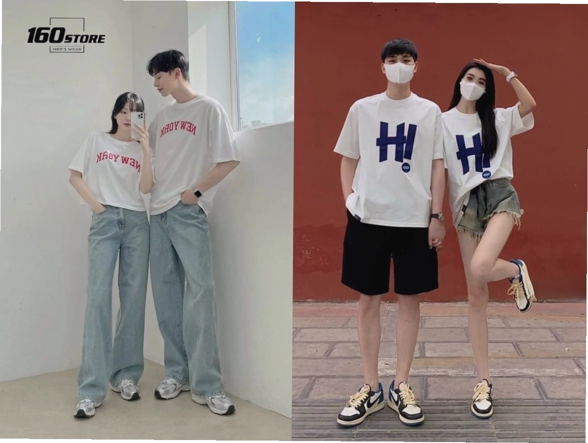 Cặp đôi diện áo sơ mi đôi có cùng họa tiết chấm bi, quần kaki, tạo dáng thanh lịch