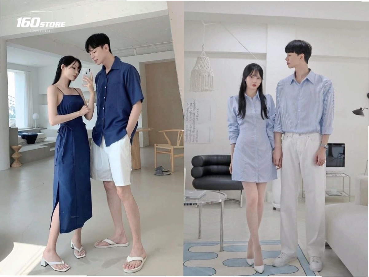 Cặp đôi diện áo thun đôi màu trắng và đen, quần short cùng tông, tạo dáng vui vẻ trên đường phố