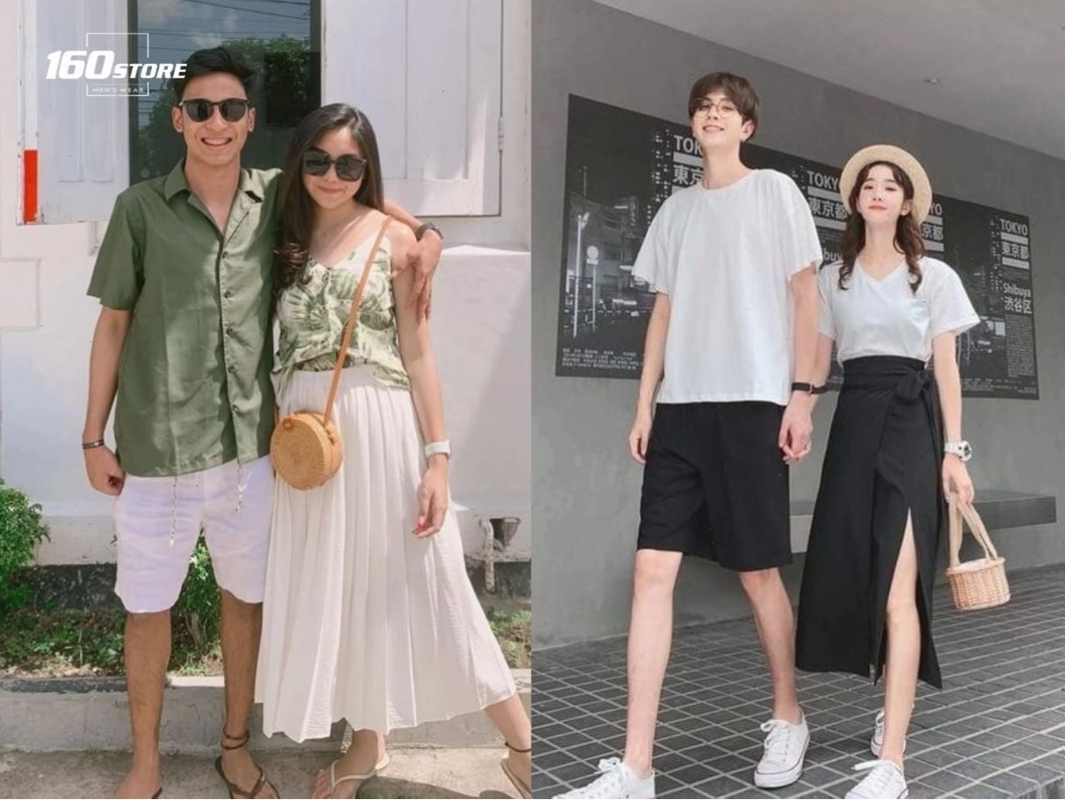 Cặp đôi diện đồ đôi đi biển với áo sơ mi trắng và quần short, tạo dáng tình tứ bên bờ biển