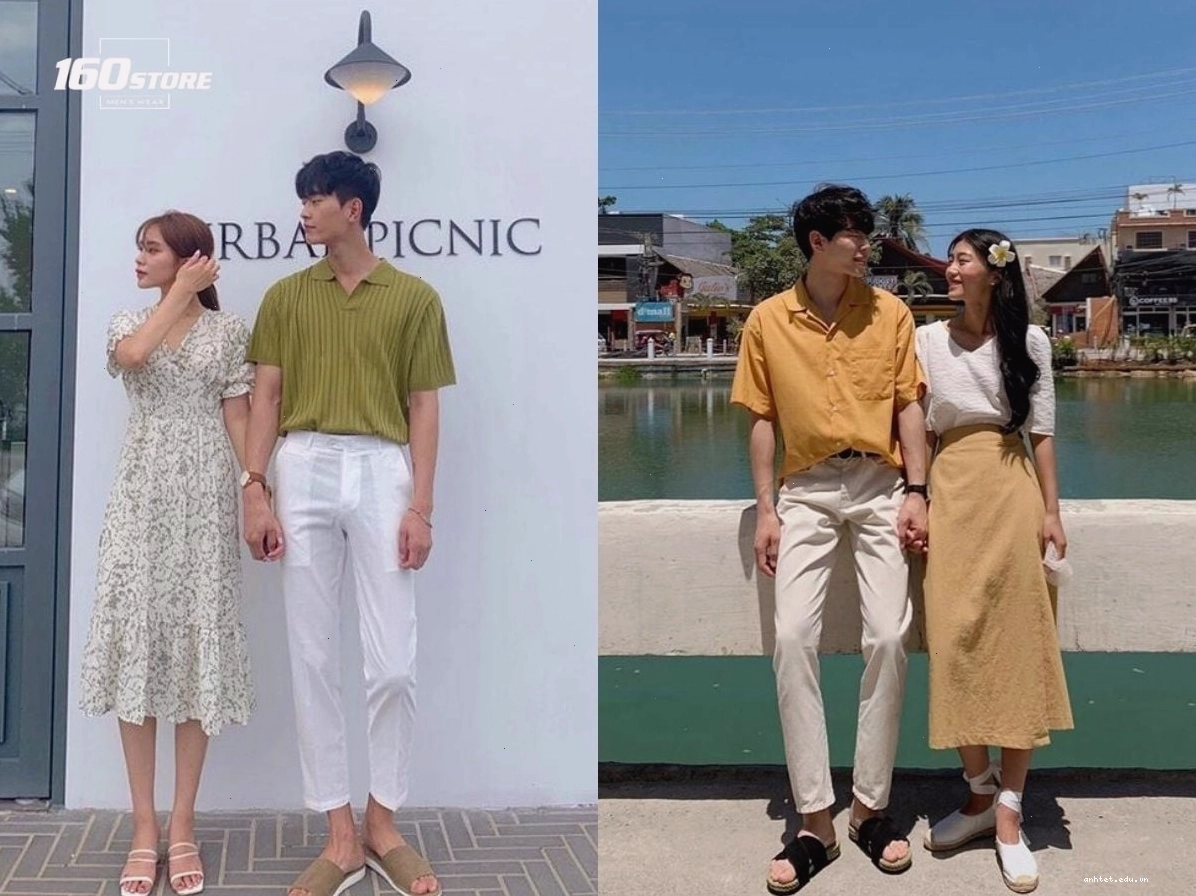 Cặp đôi diện đồ đôi theo phong cách Hàn Quốc, tạo dáng dễ thương tại công viên