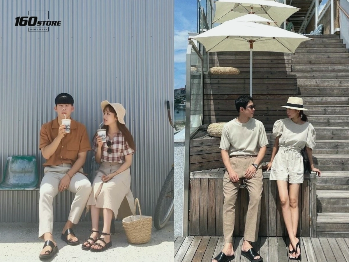Cặp đôi diện đồ đôi tối giản với áo thun trắng và quần kaki, tạo dáng thư giãn tại quán cà phê