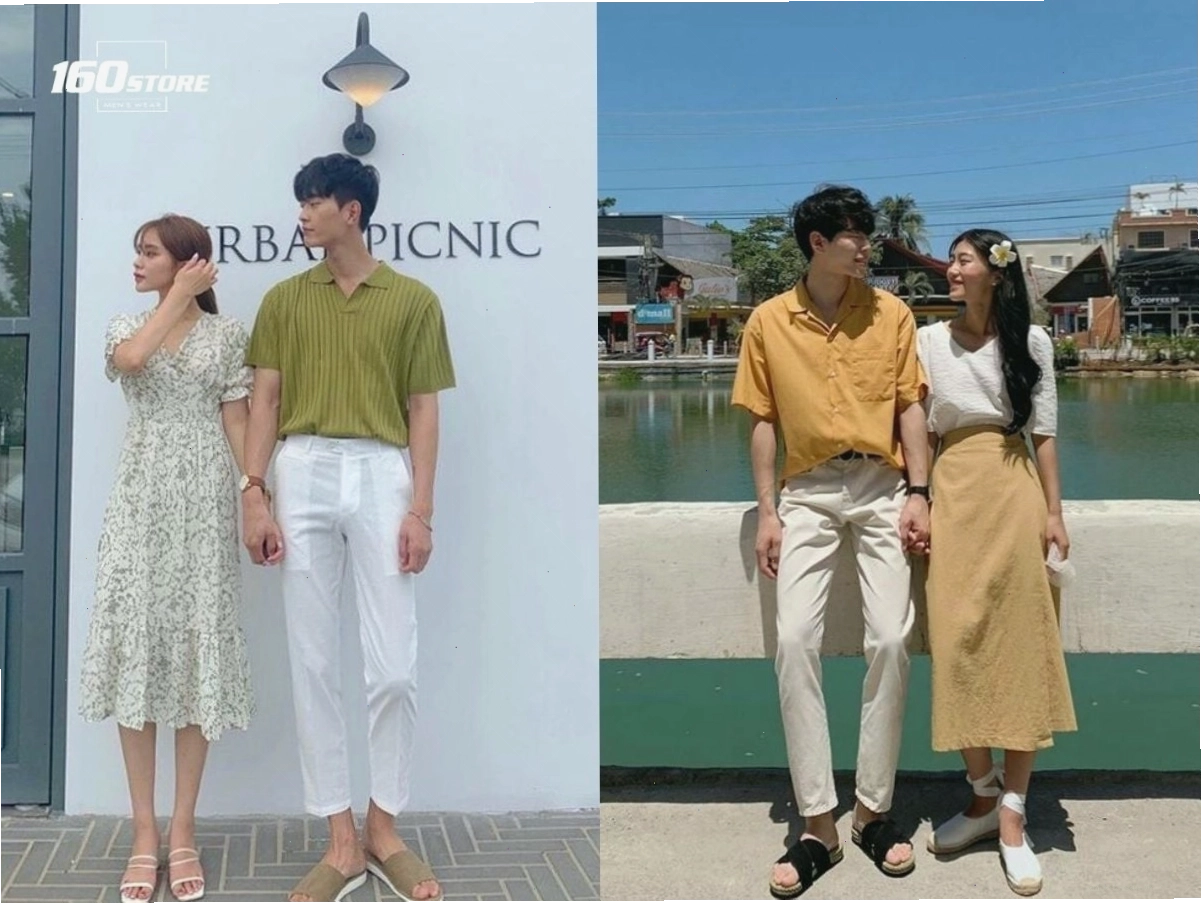 Cặp đôi diện trang phục theo phong cách Hàn Quốc, áo sơ mi và quần tây, tạo dáng trước cửa quán cafe