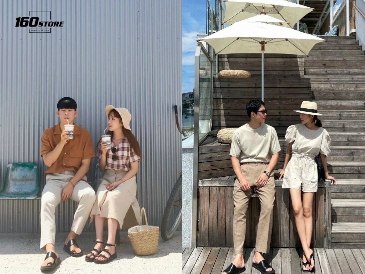 Cặp đôi diện trang phục tối giản màu trắng và be, tạo dáng dịu dàng trên bãi biển