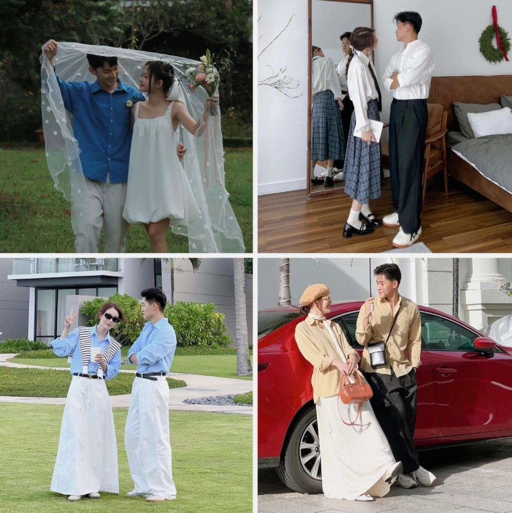 Cặp đôi diện trang phục tối giản, thanh lịch, tạo dáng tự nhiên